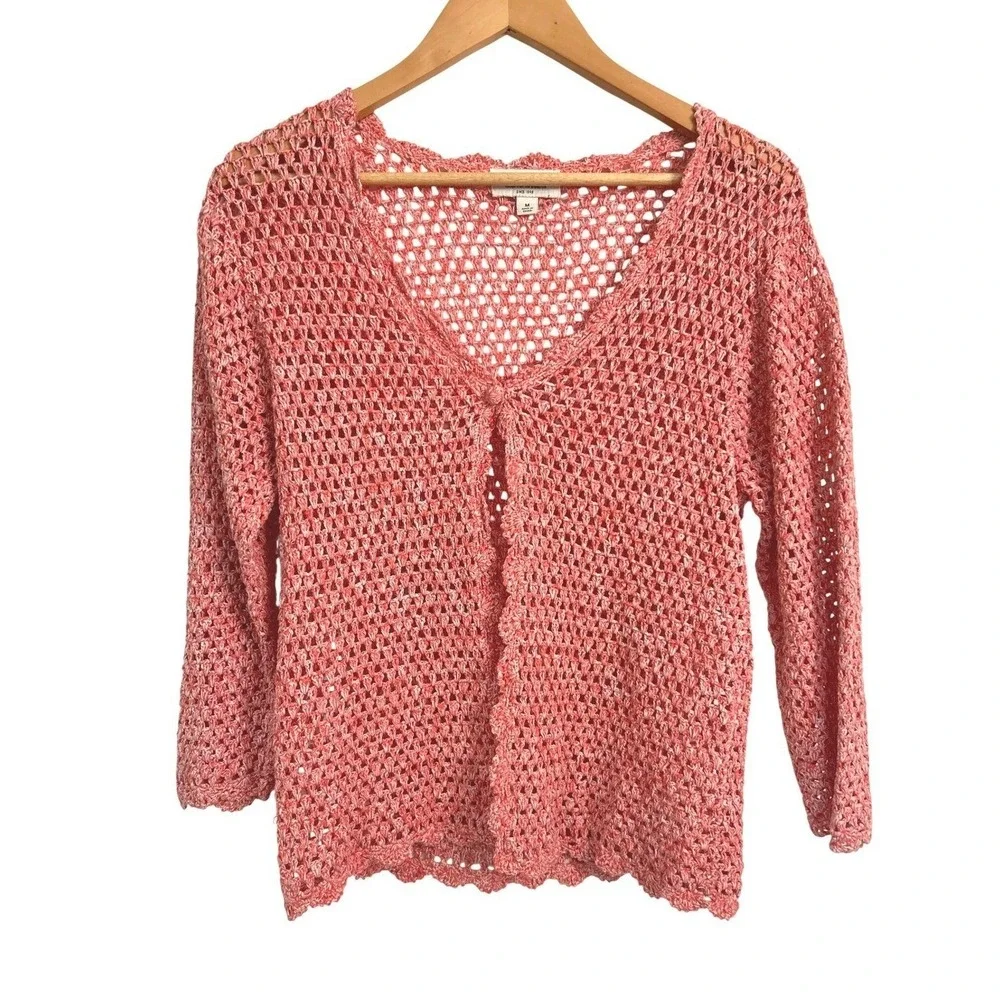 Coral Pink Crochet Open Knit‎ Linen Cotton Cardigan M Sheer Button Fairy Resort